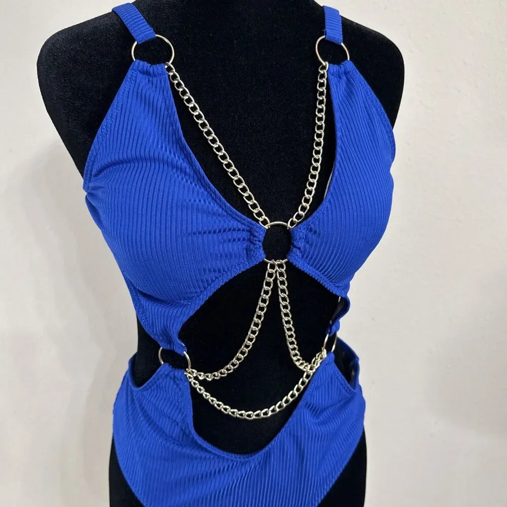 Swim Sexy Chain One Piece Bikini Swimsuit Women Large Blue Cutout Monokini Beach